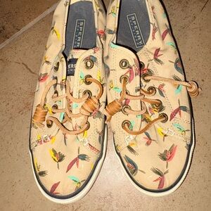 Sperry Tan Canvas Sneakers with Colorful bird Design rare